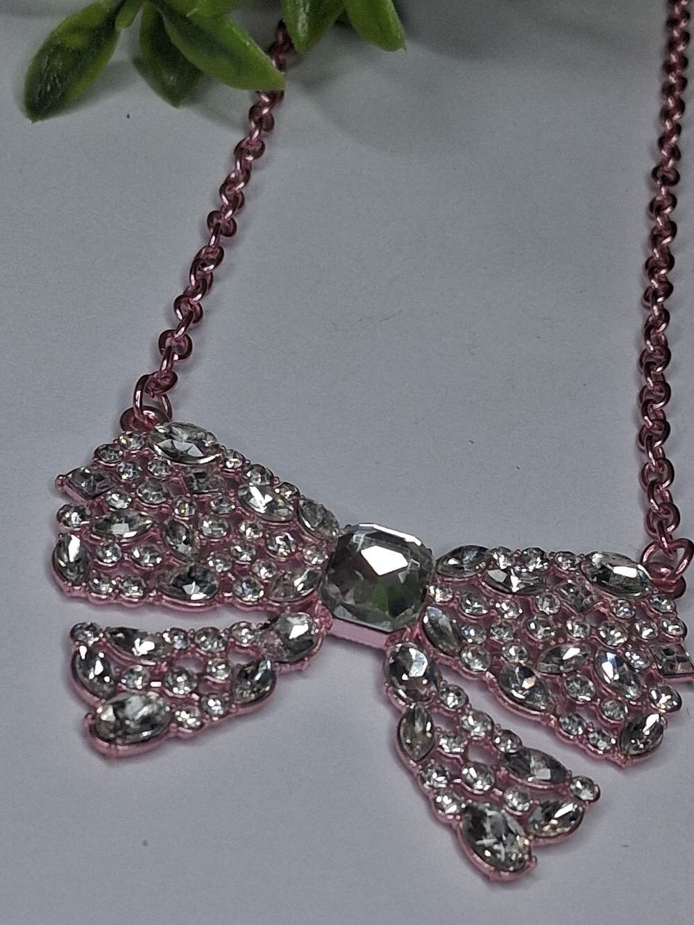 Pink Bow And Rhinestone  Statement Necklace